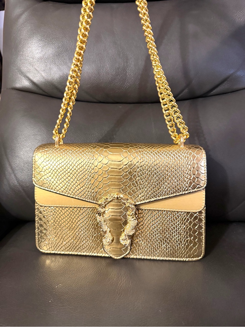 Gold Snake-Embossed Shoulder Bag with Chain Strap